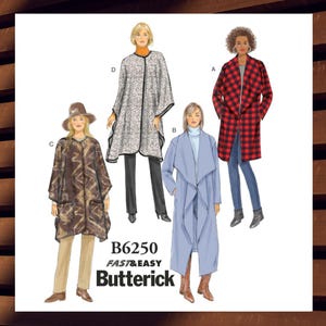 May include: A sewing pattern image featuring four different coat designs. The coats include a red and black plaid coat, a light blue coat, a brown patterned coat, and a black and white speckled coat. The pattern is labeled "B6250 FAST & EASY Butterick."