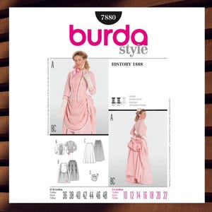 May include: A Burda Style sewing pattern, number 7880, featuring a pink historical dress design. The pattern includes diagrams and size charts in both US and European sizes. The cover displays a woman in the finished garment.