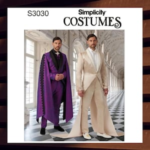 May include: Simplicity Costumes pattern S3030 features two formal costume designs. One is a purple suit with a cape, the other is a cream-colored suit with a long tail. The costumes are suitable for theatrical productions or themed events.