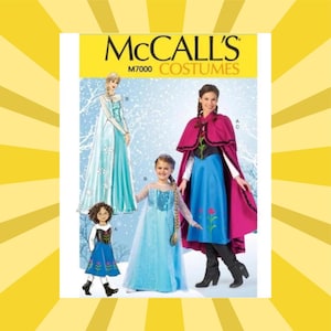 May include: McCall's M7000 Costumes pattern featuring illustrations of princess dresses. The costumes include a long blue dress with snowflake accents, a blue dress with a pink cape, and a blue dress with a black bodice.