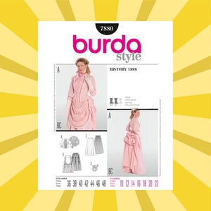 May include: A Burda Style sewing pattern, number 7880, featuring a History 1888 design. The pattern includes illustrations of a pink dress and skirt, with size options ranging from 36 to 48 and 10 to 22.