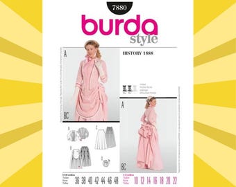 Op de afbeelding: Een Burda Style naaipatroon, nummer 7880, met een History 1888 ontwerp. Het patroon bevat illustraties van een roze jurk en rok, met maatopties variërend van 36 tot 48 en 10 tot 22.