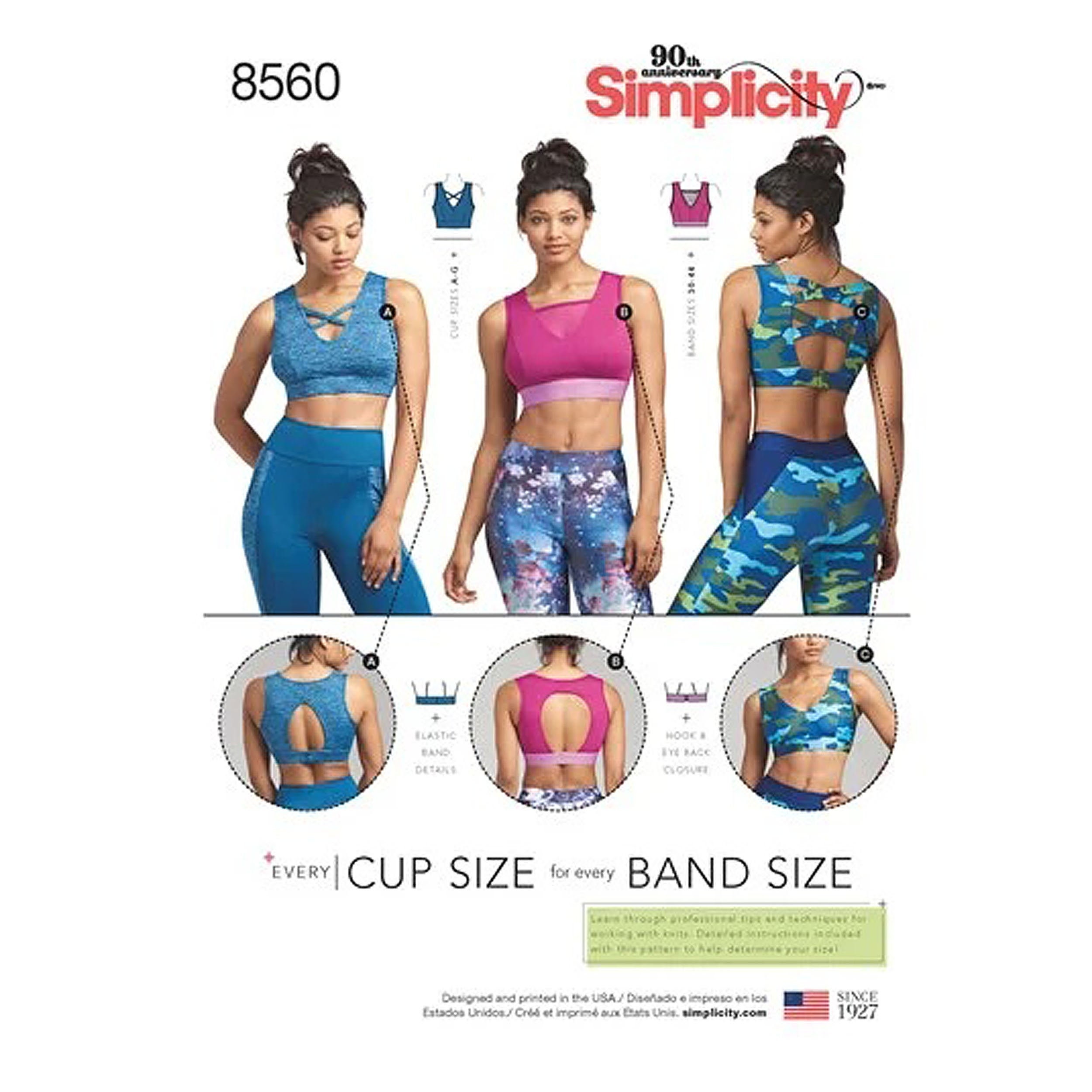 Sewing Patterns for Womens Sports Bras With A Thru G Cup Sizes Simplicity  8560 Band Size 30 32 34 36 38 40 42 44 New UNCUT F/F 