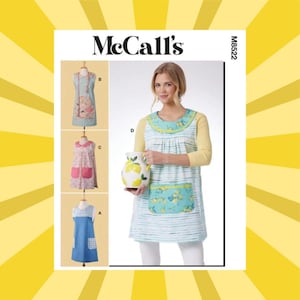 May include: A McCall's sewing pattern featuring apron designs. The image shows a woman wearing an apron with a floral pocket and a lemon-decorated pitcher. The pattern includes various apron styles, with options in blue, pink, and floral patterns.