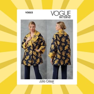 May include: Vogue Patterns V2052 sewing pattern. The pattern features a floral print coat with a yellow collar and cuffs. The coat is navy blue with yellow floral designs. The text "Júlio César" is at the bottom.