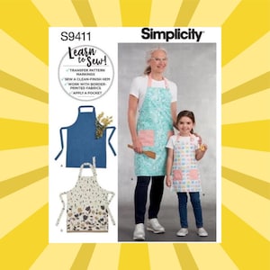 May include: Simplicity sewing pattern S9411, featuring aprons. The pattern includes instructions for transfer pattern markings, sewing a clean-finish hem, working with border-printed fabrics, and applying a pocket. The image shows a woman and child wearing aprons.