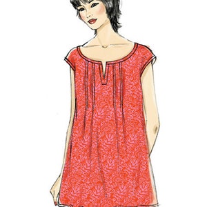 May include: Illustration of a red tunic top with a pink paisley pattern. The top has a notched neckline and short sleeves. The model is wearing white trousers. The top is a loose fit.