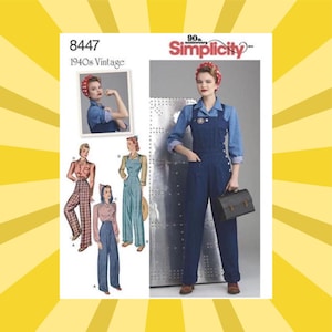 May include: Simplicity sewing pattern 8447, 1940s vintage. The pattern features a woman in denim overalls and a red bandana. The image includes illustrations of different outfit variations. The Simplicity logo is visible.