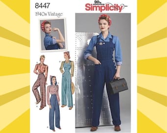 Sewing Pattern for Womens Overalls, Blouse & Pants - Size 6 8 10 12 14 or 16 18 20 22 24 - UNCUT F/F - 1940s Vintage Simplicity 8447 S8447