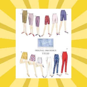 May include: A sewing pattern envelope for Vogue Patterns Original 1960 Design V9189. The illustration displays various styles of shorts and trousers in different colors and patterns, including plaid, floral, solid, and checkered designs on figures.