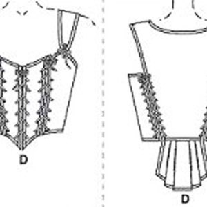 May include: Line drawing of a corset pattern. The front view shows a V-neck design with straps and vertical lacing details. The back view features a scoop neckline and angled side panels with lacing, and a pleated lower section.