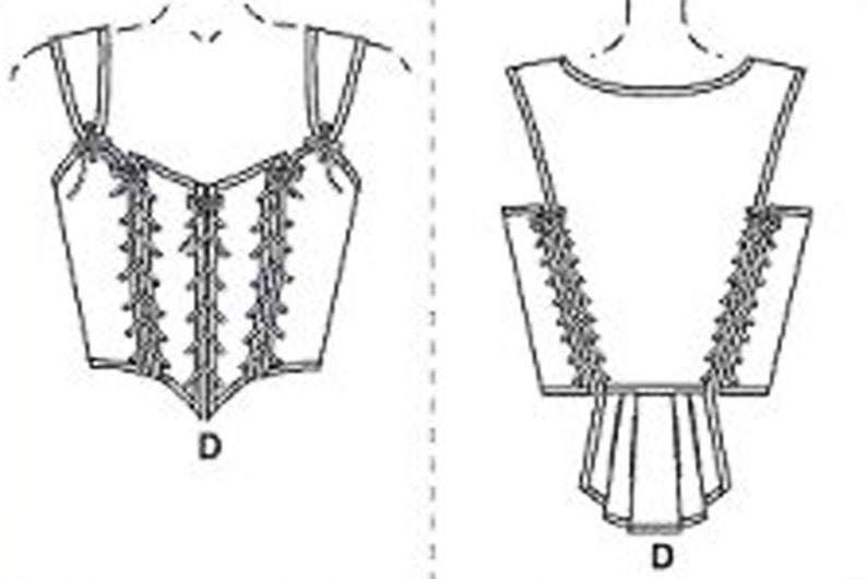 May include: Line drawing of a corset pattern. The front view shows a V-neck design with straps and vertical lacing details. The back view features a scoop neckline and angled side panels with lacing, and a pleated lower section.
