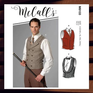 May include: McCall's pattern M8133 featuring a double-breasted vest. The image shows a man wearing a vest, a white shirt, and brown pants. The pattern includes illustrations of vests with different designs and sizes.