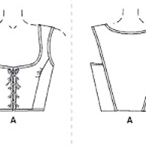 May include: Line drawing of a bodice pattern, front and back views. The front view shows a square neckline with a laced closure. The back view has a scoop neckline and shoulder straps. The letter "A" is at the bottom.