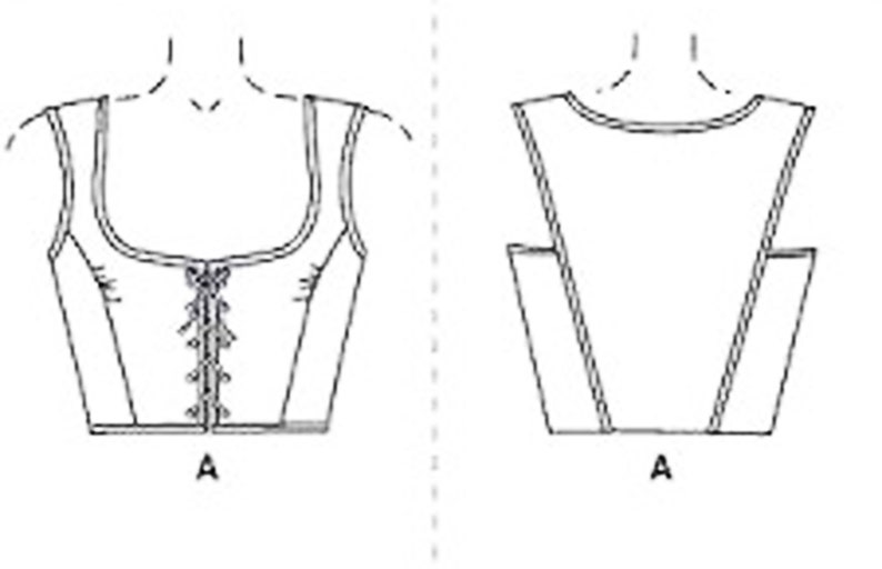 May include: Line drawing of a bodice pattern, front and back views. The front view shows a square neckline with a laced closure. The back view has a scoop neckline and shoulder straps. The letter "A" is at the bottom.