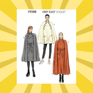 May include: A sewing pattern for capes from Very Easy Vogue, V9288. The pattern features three cape designs: a black and white checkered cape, a cream-colored cape, and a rust-colored cape. Each cape has a different button and belt design.