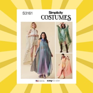 May include: Simplicity Costumes pattern S3161 features four variations of flowing, sleeveless garments with sheer overlays. The designs include a white lace-style piece, a blue and purple layered outfit, a green sheer cape-style dress, and a pink ombre gown.
