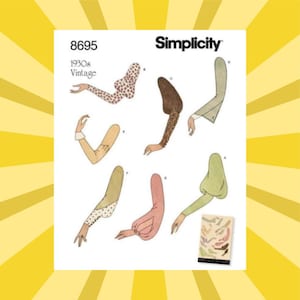 May include: Simplicity pattern 8695, featuring vintage 1930s sleeve designs. The image showcases various sleeve styles in beige, brown, and pink, with details like polka dots and puffed sleeves. The Simplicity logo is visible.