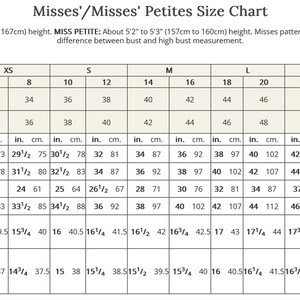 May include: Size chart for Misses' and Misses' Petites patterns. Includes measurements for bust, waist, and hip in inches and centimeters. Chart also includes European and French sizes, and back waist length.