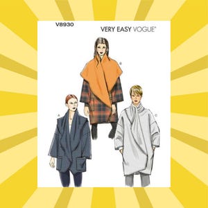 May include: Vogue pattern V8930 featuring three coat designs. The illustrations show a blue coat, a plaid coat with an orange shawl, and a white coat. The words "VERY EASY VOGUE" are printed at the top of the image.