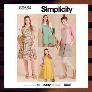 May include: Simplicity sewing pattern featuring aprons. The image shows four different apron designs in various colors and styles. The aprons are modeled on women. The text "easy-to-sew" is visible. The pattern is designed and printed in the USA.