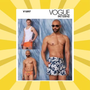 Könnte beinhalten: Vogue Patterns V1897. Das Bild zeigt ein Schnittmuster für Herren-Bademode. Das Schnittmuster umfasst ein Tanktop, Badeshorts und Badehosen. Die Badeshorts sind orange mit weißem Besatz, und die Badehose hat ein Blumenmuster.