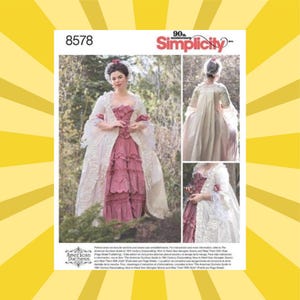 May include: Simplicity sewing pattern featuring a historical costume design. The pattern includes a pink and white dress with a ruffled skirt and a long white coat with lace trim. The pattern number is 8578, and the brand is Simplicity.