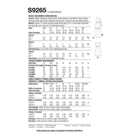 Patrón De Costura Para Vestido De Mujer - Talla 2XS XS S M L XL