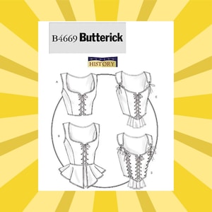 May include: A white and black Butterick sewing pattern, B4669, featuring four different corset designs. The designs include variations with lace-up fronts, straps, and ruffled peplums. The "MAKING HISTORY" logo is also visible.