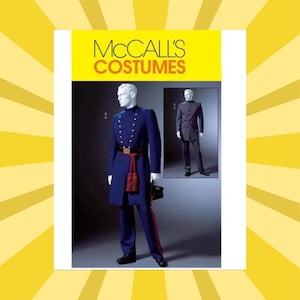 May include: McCall's Costumes pattern featuring a blue military-style uniform with gold buttons, a red sash, and matching pants. A second costume is shown in a smaller inset image. The pattern is displayed on a yellow background.