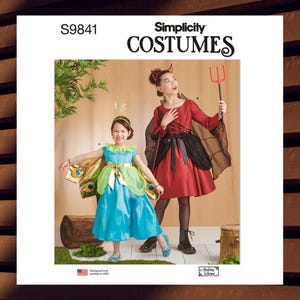May include: Simplicity Costumes pattern S9841. Two children in costumes: one in a peacock costume with blue dress and gold wings, the other in a red devil costume with a black cape and pitchfork. The pattern is designed and printed in the USA.