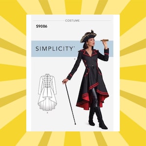 May include: Simplicity costume pattern S9086. The image shows a woman wearing a black and red pirate-themed costume. The costume includes a long coat with red accents, a hat, and black boots. The pattern also includes a line drawing of the coat.