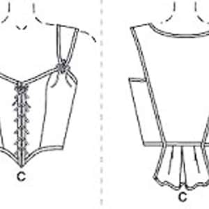 May include: Line drawing of a corset, front and back views. The front view shows a laced bodice with shoulder straps and decorative bows. The back view shows the same corset with a low back and a gathered skirt-like detail.