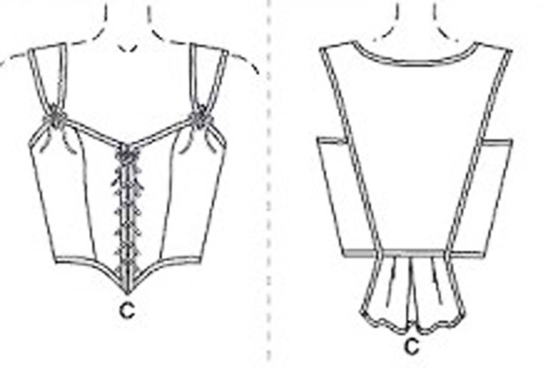 May include: Line drawing of a corset, front and back views. The front view shows a laced bodice with shoulder straps and decorative bows. The back view shows the same corset with a low back and a gathered skirt-like detail.