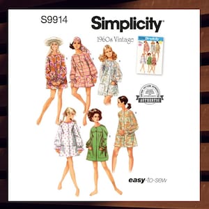 May include: Vintage Simplicity sewing pattern number S9914 for a 1960s style dress. The pattern includes six different dress styles with various floral and geometric prints. The pattern is labeled "easy-to-sew" and includes a vintage pattern reproduction seal.