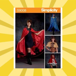May include: Simplicity S9008 sewing pattern envelope featuring four cape designs. The main image shows a long red cape with a black silhouette hem over a black dress. Smaller images show a blue hooded cape, a tan capelet, and a short red hooded cape.