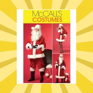 May include: McCall's Costumes pattern featuring Santa Claus and Mrs. Claus outfits. The Santa costume includes a red coat, pants, hat, belt, and white faux fur trim. The Mrs. Claus outfit is a red dress with white trim and a matching hat.