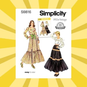 May include: A Simplicity sewing pattern, S9816, featuring a 1970s vintage design. The pattern includes illustrations of a long floral dress with a green bow and a tiered skirt. The text "easy-to-sew" is visible.