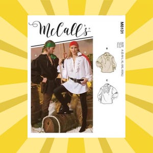 May include: McCall's M8131 sewing pattern for pirate costumes. The pattern includes illustrations of a black and white pirate shirt, and a black shirt. The pattern also shows two people dressed in pirate costumes, with a red and green headscarf.