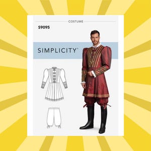 May include: Simplicity costume pattern S9095. The pattern features a Renaissance-style outfit with a red and gold tunic, puffed sleeves, and matching breeches. The image also shows a drawing of the costume and the Simplicity logo.