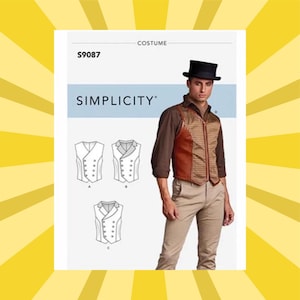 May include: Simplicity costume pattern S9087. The image shows a man wearing a brown vest with a plaid pattern, a black top hat, and tan pants. The pattern includes illustrations of different vest styles. The word "COSTUME" is at the top, and "SIMPLICITY" is printed on the pattern.