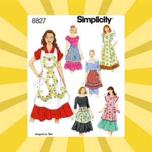 May include: Simplicity sewing pattern featuring various apron designs. The image shows illustrations of aprons with different styles, including floral, ruffled, and patterned aprons. The pattern is labeled "8827" and "designed by Teri."