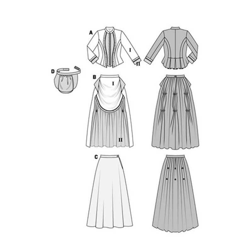 May include: A technical drawing of historical clothing, including a jacket, skirts, and a small pouch. The jacket features decorative trim and a fitted silhouette. The skirts vary in style, with one being a simple A-line and others with gathered details.