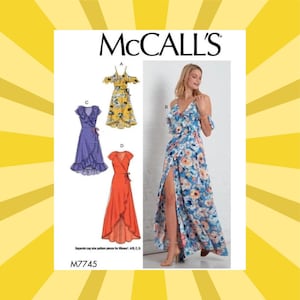 May include: McCall's sewing pattern featuring four dress designs. The dresses include a yellow floral off-the-shoulder dress, a blue floral wrap dress, a purple polka dot wrap dress, and a red wrap dress. The pattern number is M7745.