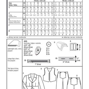 May include: Burda Style 9528 sewing pattern for a Biedermeier pantsuit, including a jacket, vest, and trousers. The document features detailed sizing charts in inches, fabric requirements, technical line drawings of the garments, and lists of necessary notions like buttons, a 7-inch zipper, and interfacing.