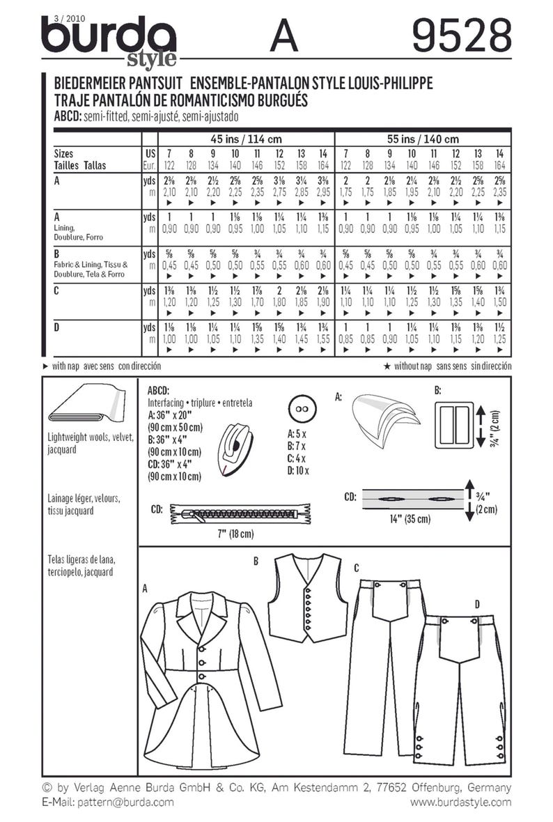 May include: Burda Style 9528 sewing pattern for a Biedermeier pantsuit, including a jacket, vest, and trousers. The document features detailed sizing charts in inches, fabric requirements, technical line drawings of the garments, and lists of necessary notions like buttons, a 7-inch zipper, and interfacing.