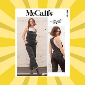 May include: McCall's sewing pattern MB437 featuring a woman wearing black denim overalls. The pattern includes a front and back view of the overalls. The brand name "Brandi Joan" is also visible.