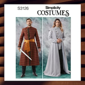 May include: Simplicity Costumes pattern S3126 features two costume designs. One is a long, brown coat with gold accents and a matching sash. The other is a long, gray coat with a high collar and button details. The pattern includes instructions for creating these costumes.