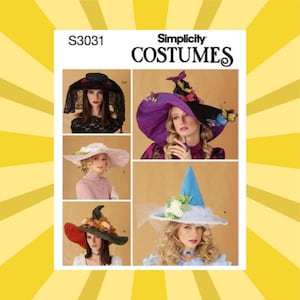 May include: Simplicity Costumes pattern S3031 featuring various costume hats. The hats include a black lace veil hat, a purple witch hat with butterfly accents, a pink wide-brimmed hat, a green and red autumn-themed hat, and a blue witch hat with white flowers.