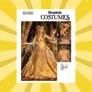 May include: Simplicity Costumes pattern S3160 featuring a floor-length gold gown with sheer leaf-patterned sleeves, a lace-up back, and a headpiece. The packaging displays the costume from the front, side, and back, with the text Simplicity COSTUMES.